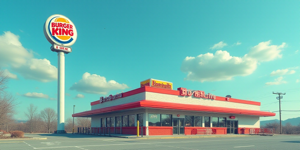 a burger king restaurant with a tall tower in the background of a blue sky with a few clouds in the