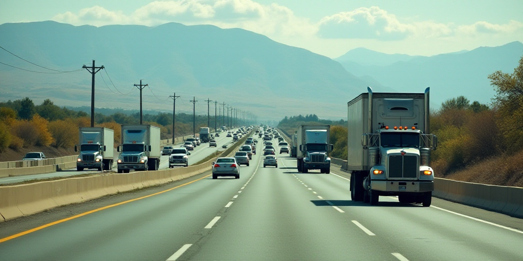 a busy highway with lots of traffic and trucks on it's sides and a sign that says,, Eddie Mendoza, h