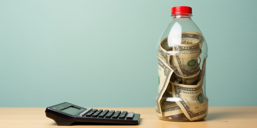 a calculator and a plastic bottle filled with money and a calculator with a red cap, Dorothy Coke, p