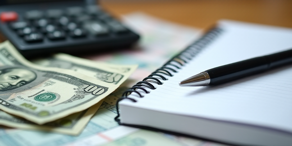 a calculator, pen, and money on a table with a notebook and pen on it,, Bela Čikoš Sesija, macro,