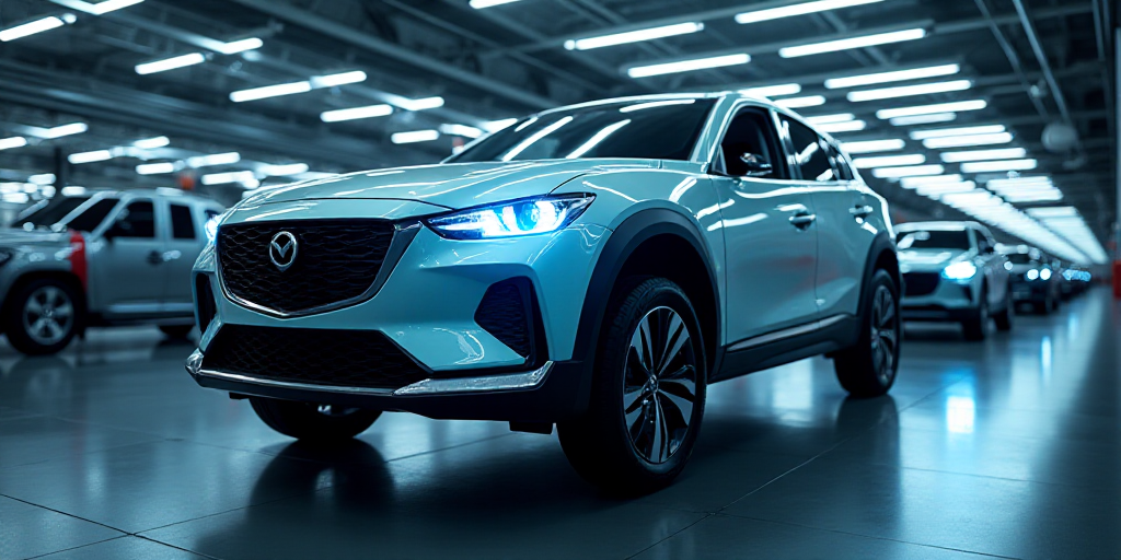 a car being assembled in a factory with a lot of blue lights on it's side and a line of machines in