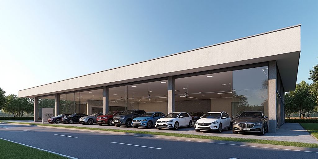 a car dealership with several cars parked in front of it and a few cars parked in front of it, Almad