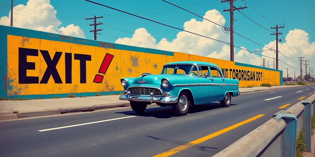 a car driving down a road next to a wall with a sign on it that says exit exit tortorisian do?, Carl