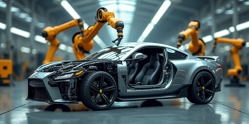 a car is being assembled in a factory with robots working on it's parts and assembly line in the bac