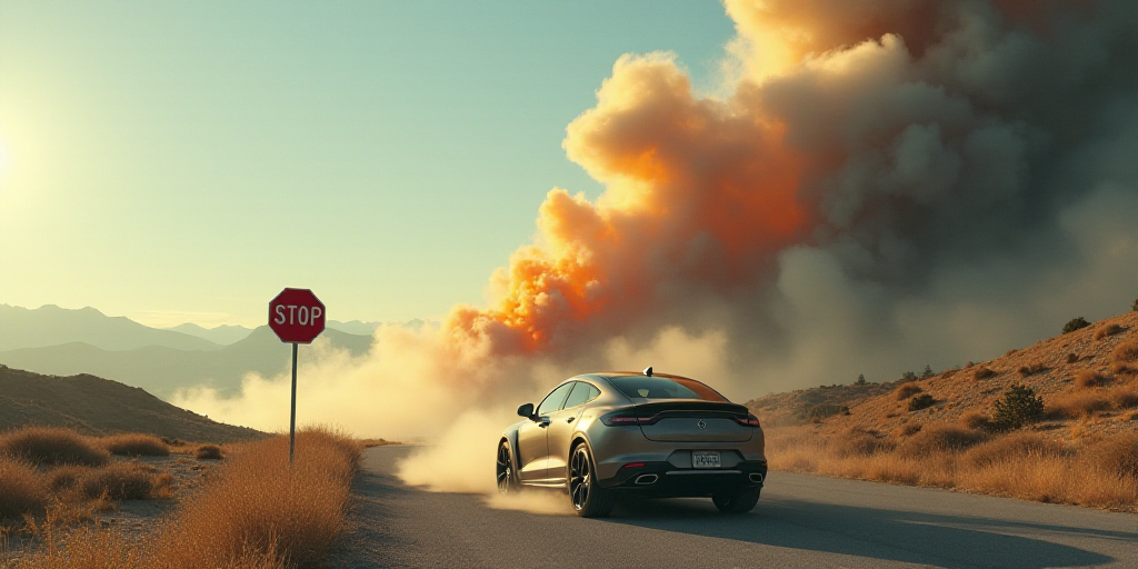 a car is driving down the road with a lot of smoke coming out of the sky behind it and a stop sign,