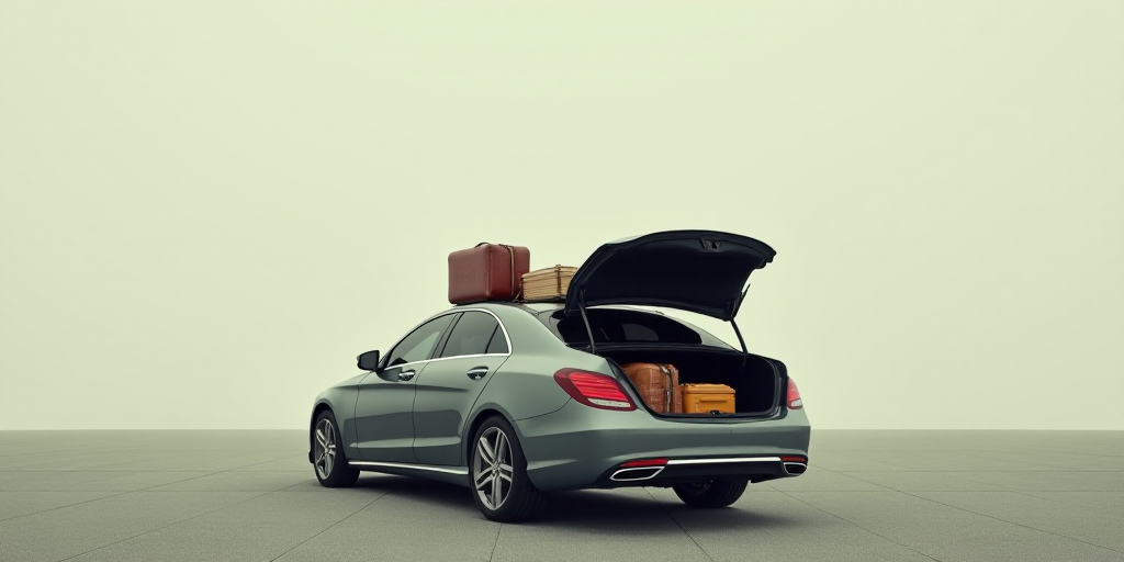 a car with a trunk full of luggage and a suitcase on the back of it's trunk,, Andries Stock, liminal