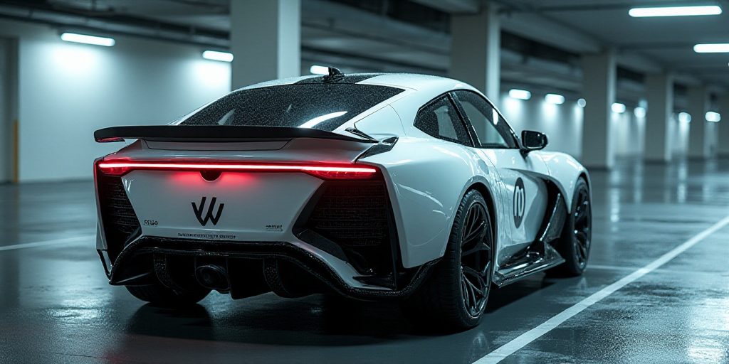 a car with a w logo on the back of it's door is parked in a parking lot, Ai-Mitsu, cybernetics, a di