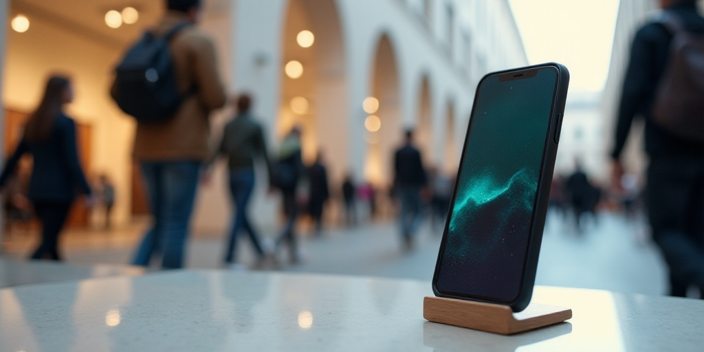 a cell phone is next to a stand with a phone case on it and people walking in the background, Dahlov