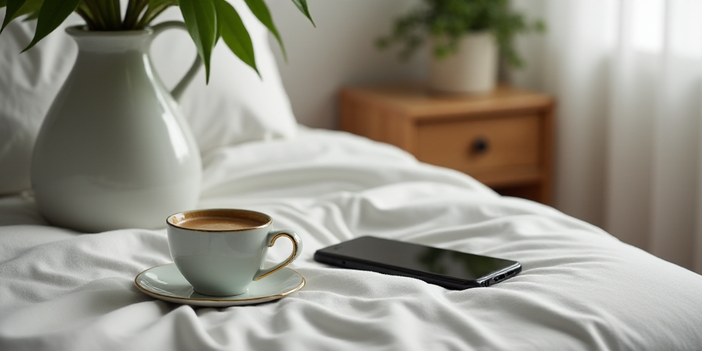 a cell phone sitting on top of a bed next to a cup of coffee and a plant in a vase, Cui Bai, fibonac