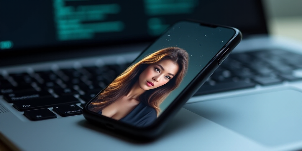 a cell phone with a picture of a woman on the keyboard of a laptop computer with a keyboard in the b