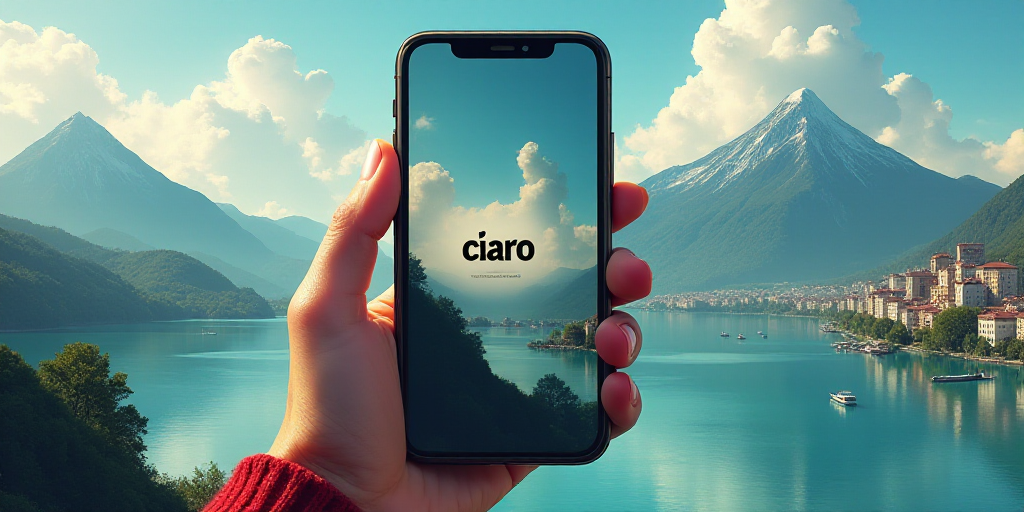 a cell phone with a sign that says ciaro on it in front of a cityscape with a mountain and a lake, C