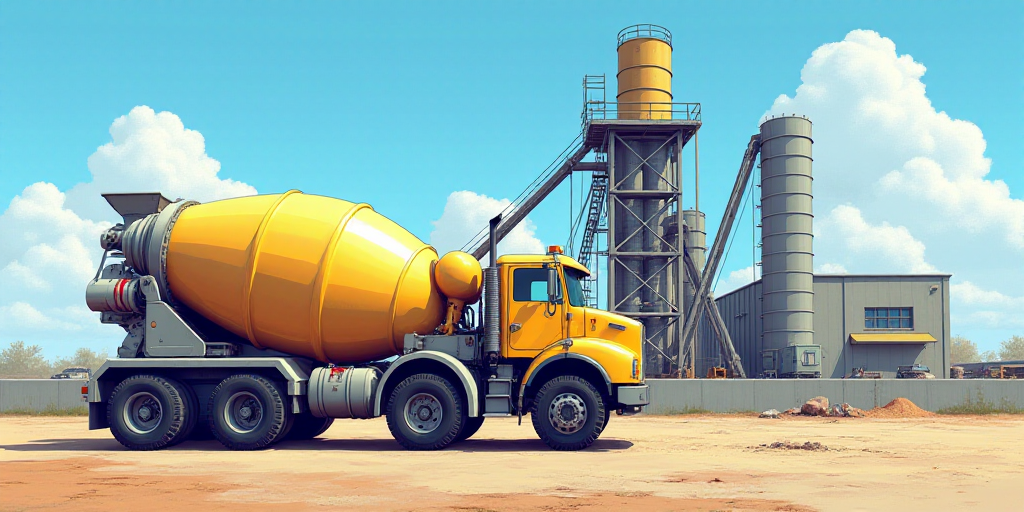 a cement truck parked in front of a cement plant with a sky background and a blue sky in the backgro