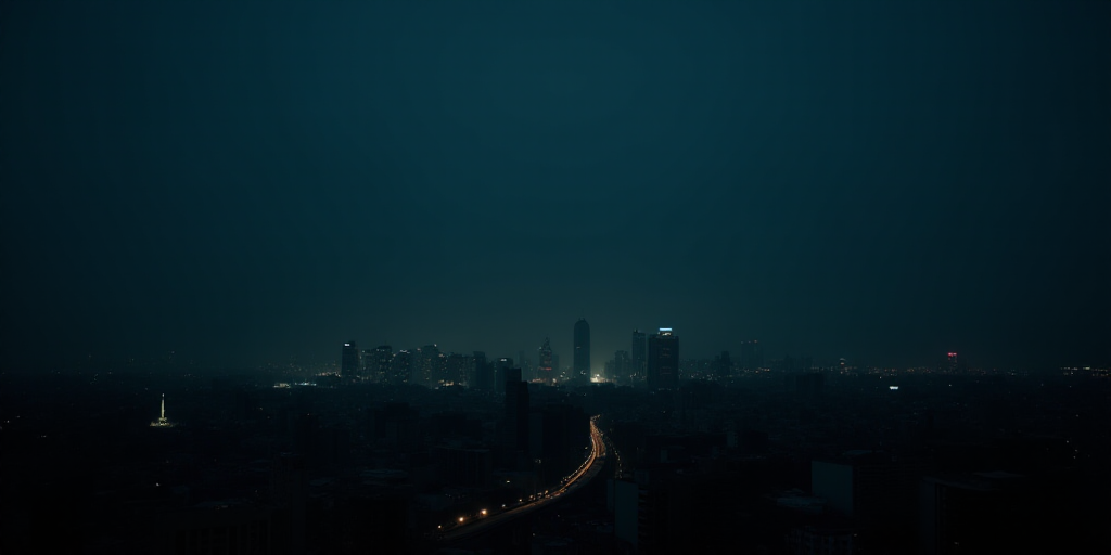 a city at night with a dark sky and a few lights on it and a few buildings in the distance, Andreas