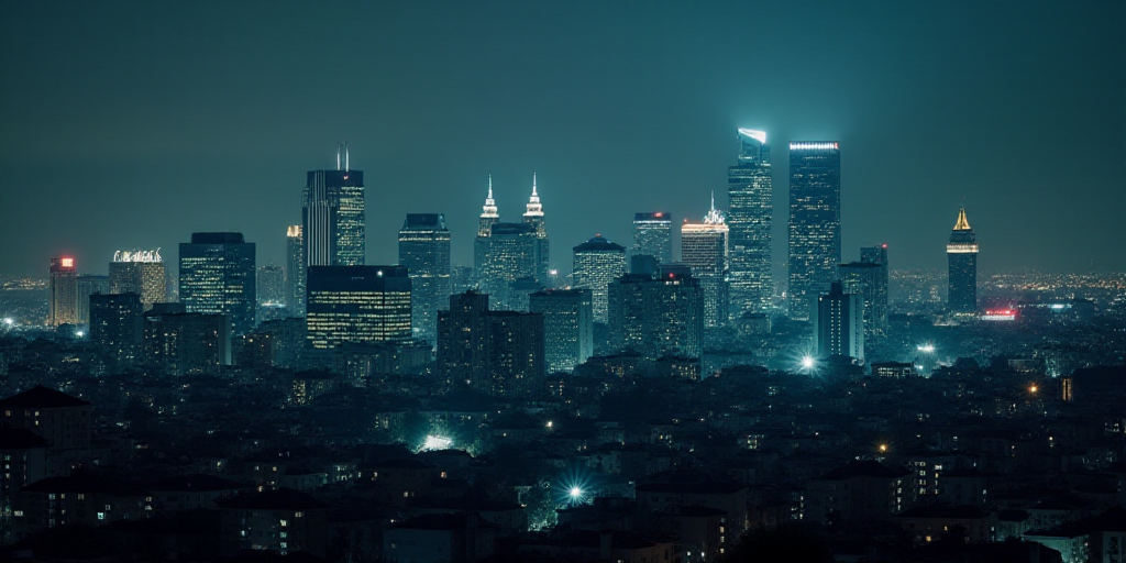 a city skyline with a lot of tall buildings at night time with a lit up sign on the side, Correggio,