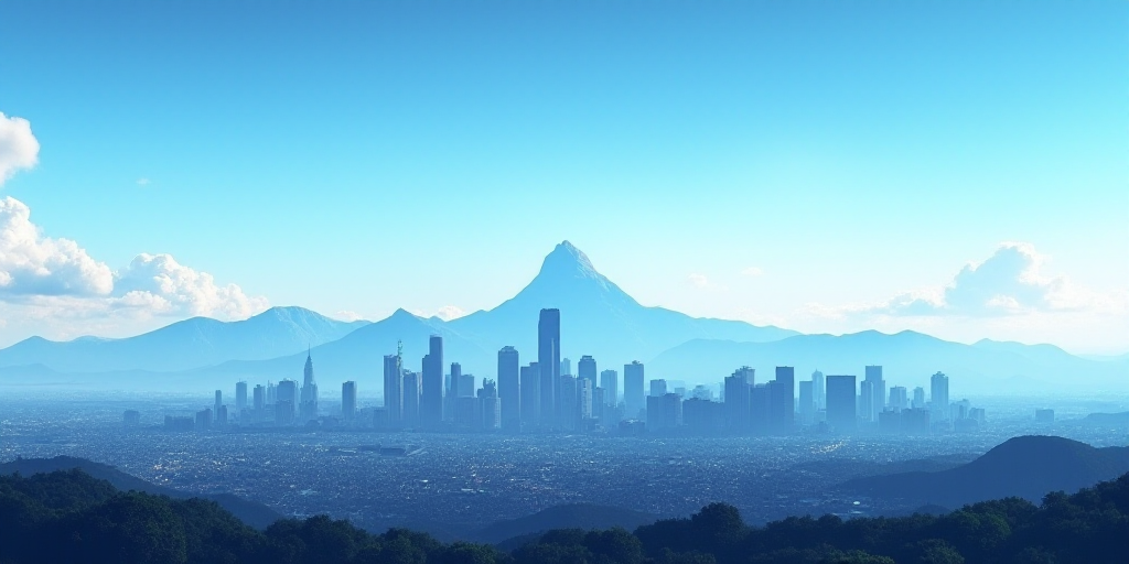 a city skyline with mountains in the background and a blue sky in the foreground with a few clouds,