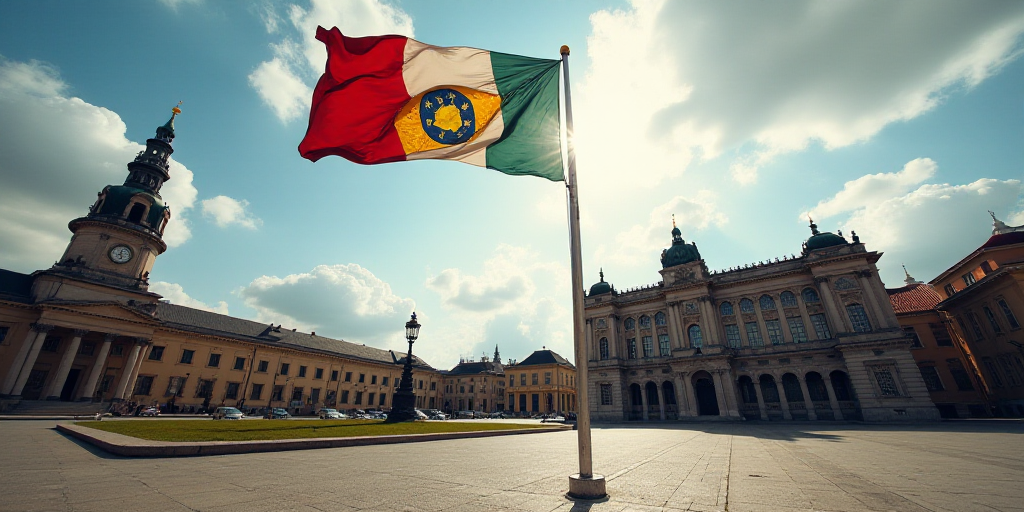a city square with a flag flying in the wind and a building in the background with a clock tower, Da
