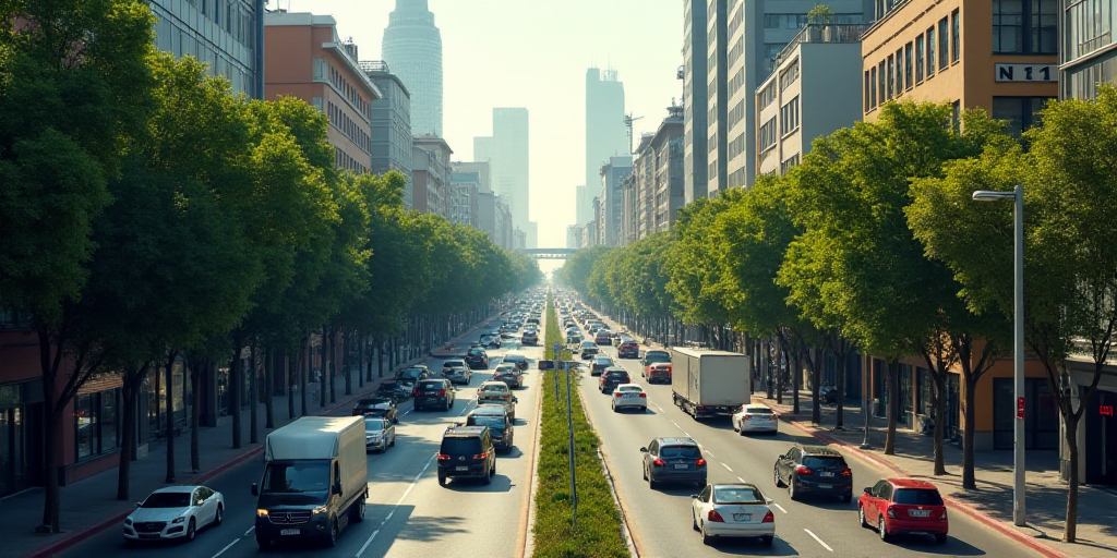 a city street filled with lots of traffic next to tall buildings and trees in the distance with a sk