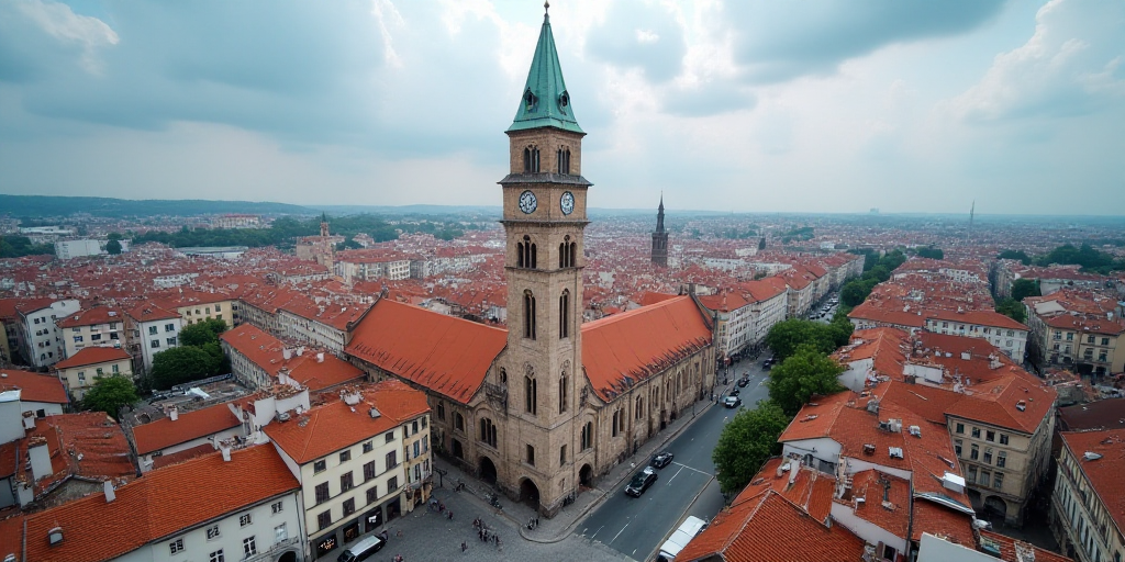 a city street with a tall building and a clock tower in the background with a sky background and a f