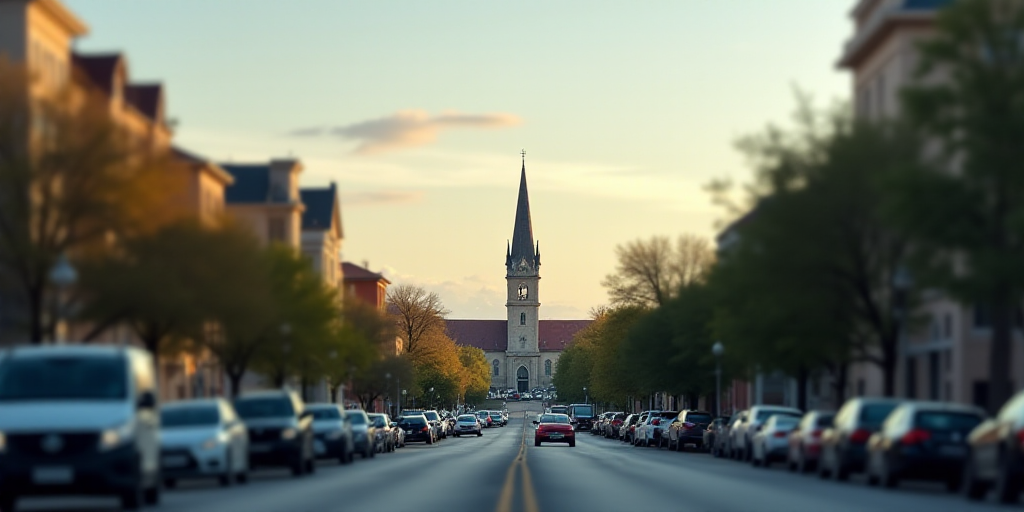 a city street with cars parked on both sides of it and a church tower in the background with a sky b