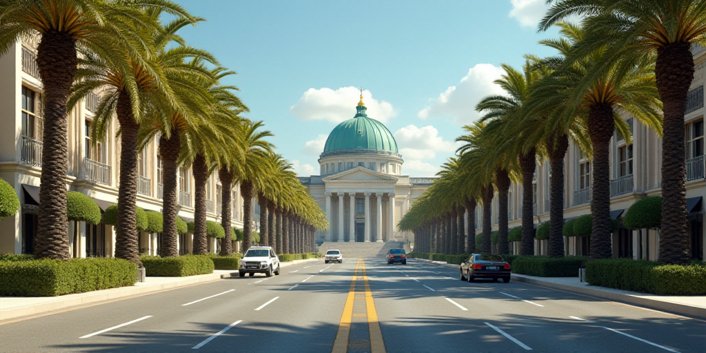 a city street with palm trees and a building in the background with a glass dome on top of it, Engue