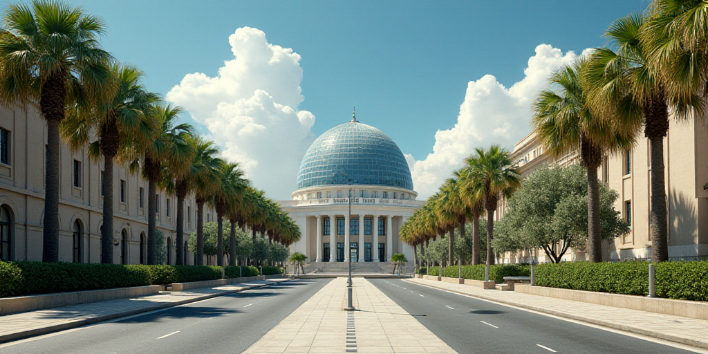 a city street with palm trees and a building in the background with a glass dome on top of it, Engue