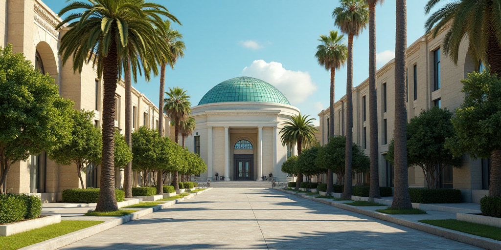 a city street with palm trees and a building in the background with a glass dome on top of it, Engue