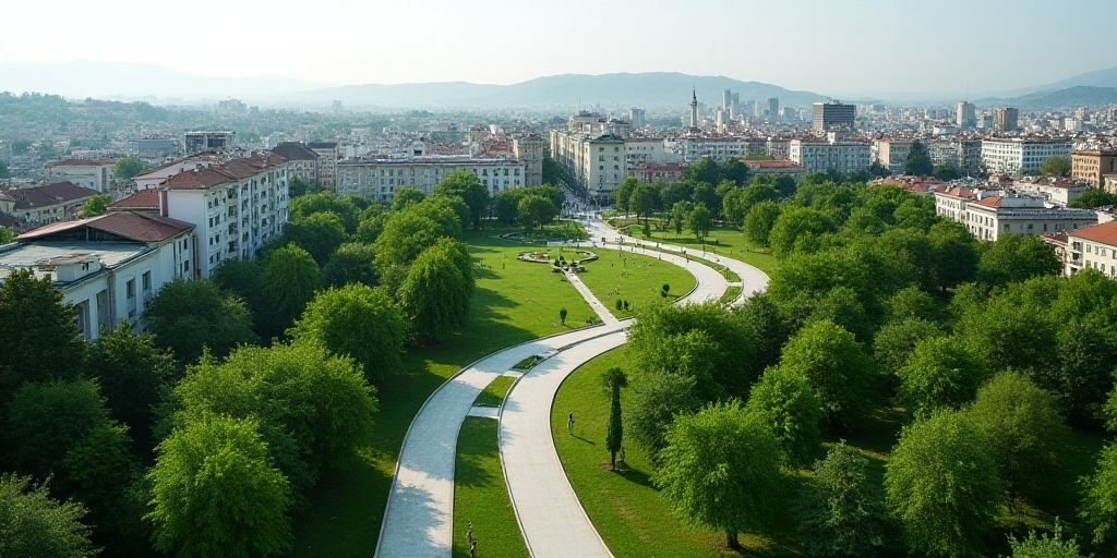 a city with a green park and a curved walkway in the middle of it and a green roof on top of it, Cef