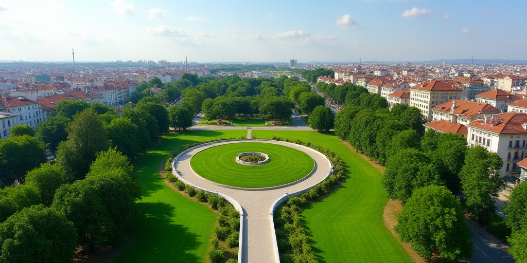 a city with a green park and a curved walkway in the middle of it and a green roof on top of it, Cef
