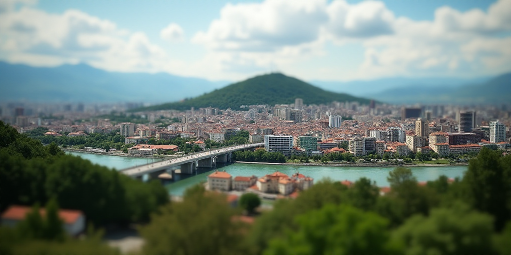 a city with a hill in the background and a bridge in the foreground with a bridge going across it, A