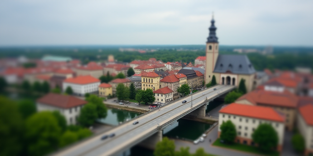 a city with a large tower and a bridge over it's street and buildings in the background, and a bridg