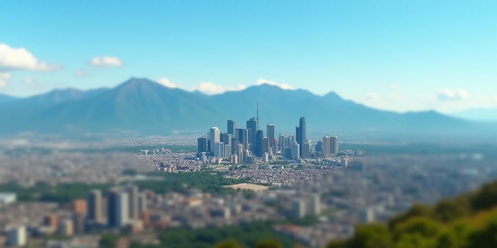 a city with a lot of buildings and mountains in the background, and a blue sky with a few clouds, Ed