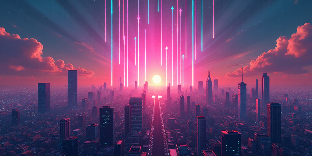 a city with a lot of buildings and a lot of arrows in the sky with a lot of colors, Beeple, city bac