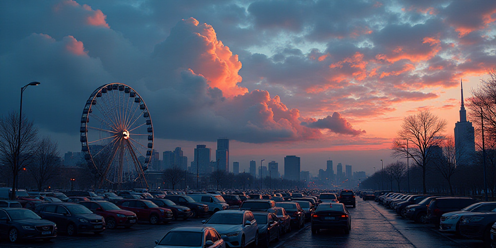 a city with a lot of cars parked in it at dusk time with a sky full of clouds and a ferris wheel, Ed