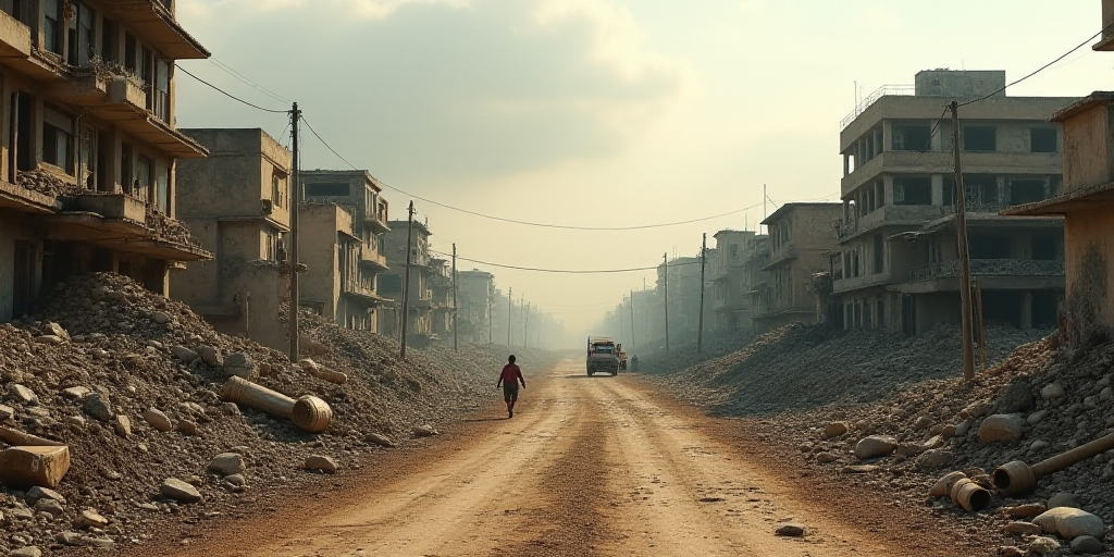 a city with a lot of rubble and buildings in it and a dirt road running through it with people walki