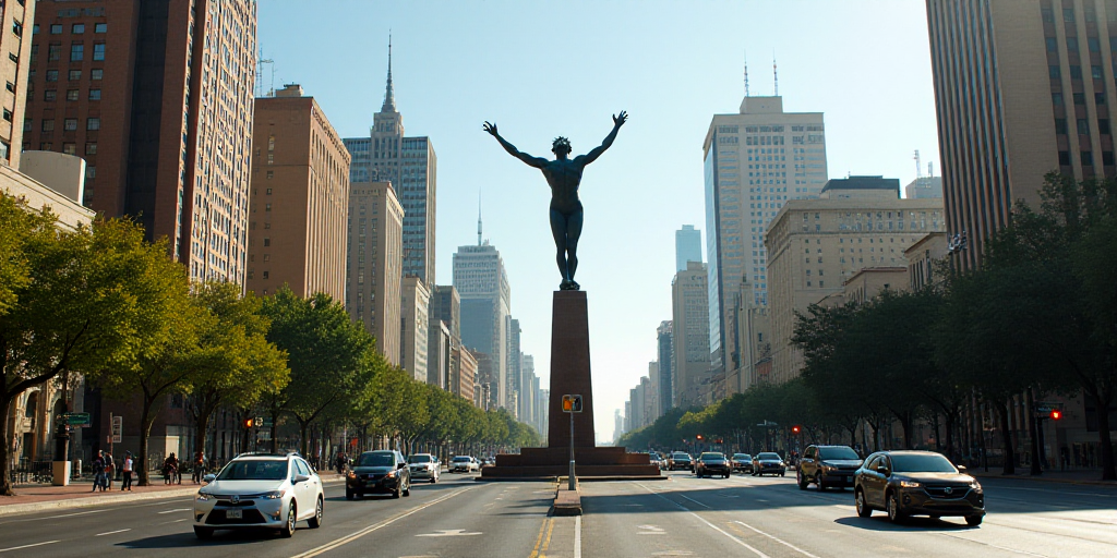 a city with a lot of tall buildings and a statue in the middle of the street with cars driving aroun