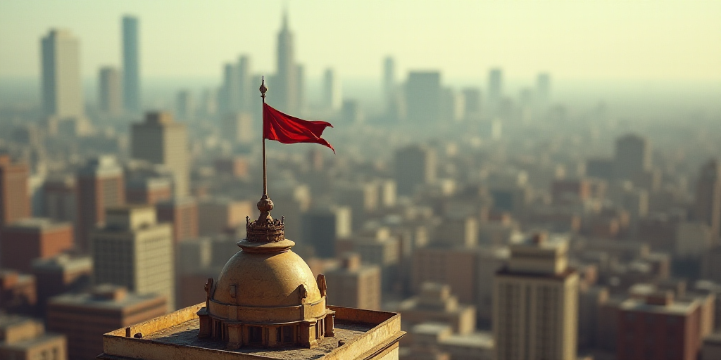 a city with a lot of tall buildings and a flag on top of it's roof top of a building, David Alfaro S