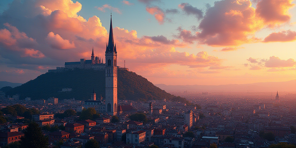 a city with a very tall church tower next to a hill with a lot of buildings on it and a colorful sky