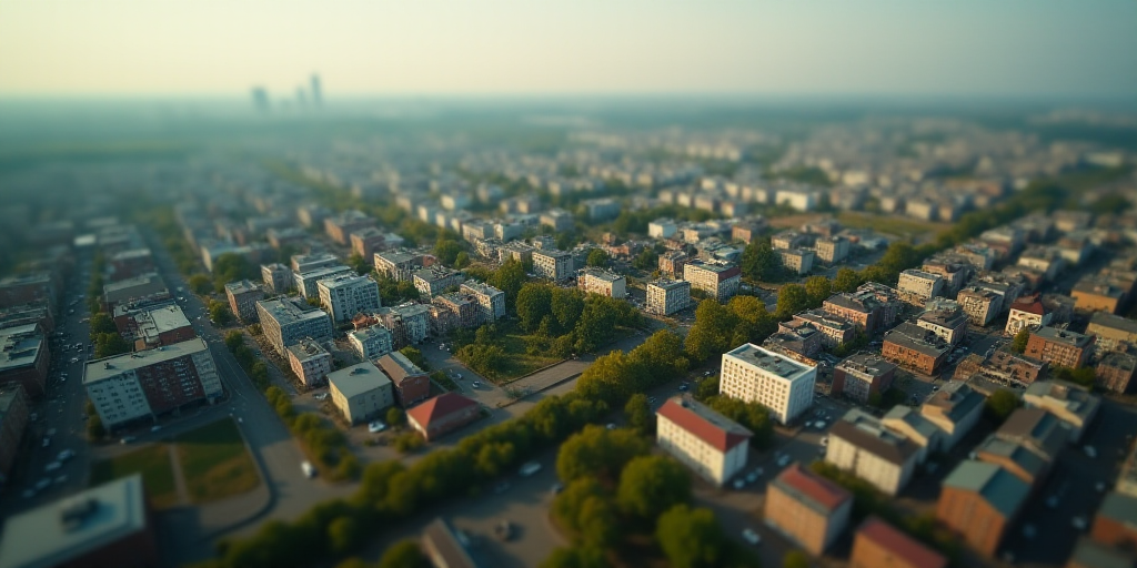 a city with lots of buildings and lots of trees in the middle of it, from above, looking down on a c