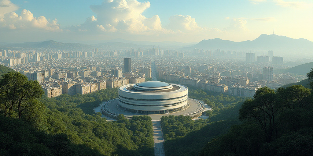 a city with lots of tall buildings and lots of trees in the foreground and a large circular building