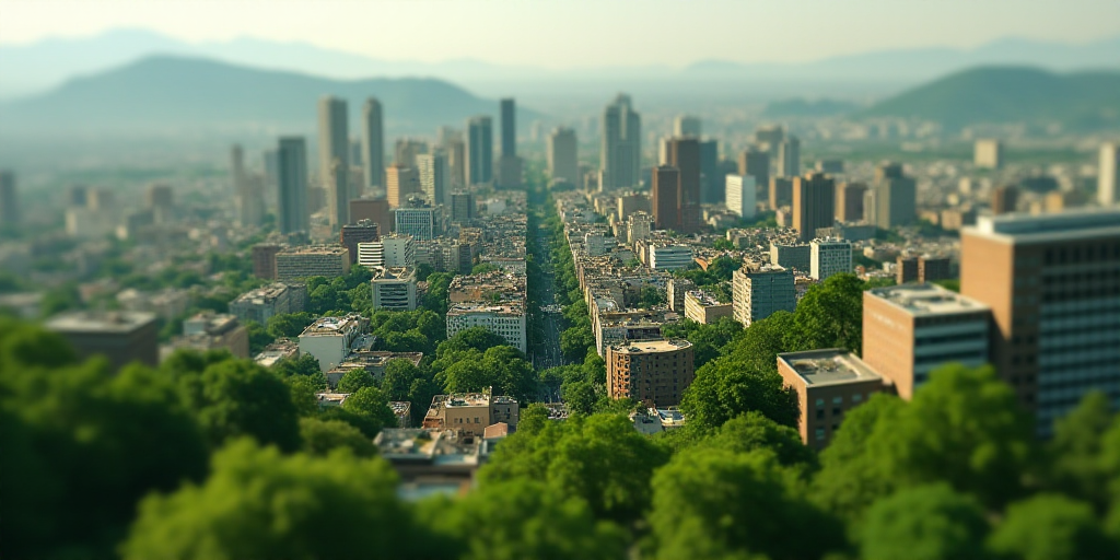 a city with lots of tall buildings and lots of trees in the background, with a green roof top, Diego