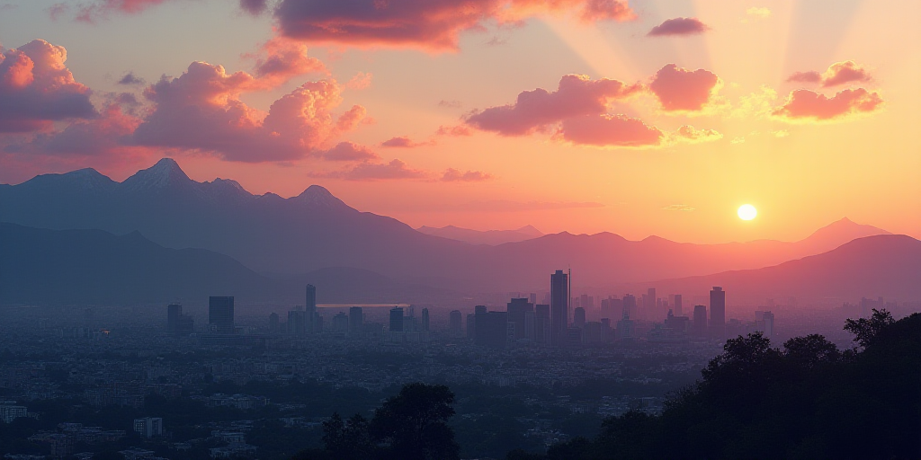 a city with mountains in the background at sunset or dawn with a few clouds in the sky and a few bui