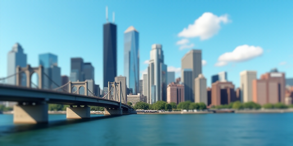 a city with tall buildings and a bridge in the foreground and a blue sky in the background with a fe