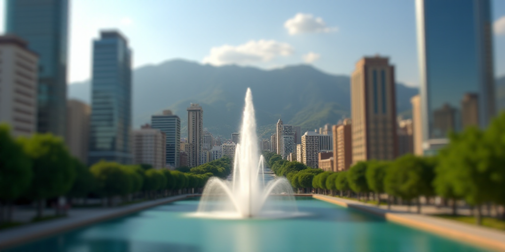 a city with tall buildings and a fountain in the middle of it's center area, with mountains in the b
