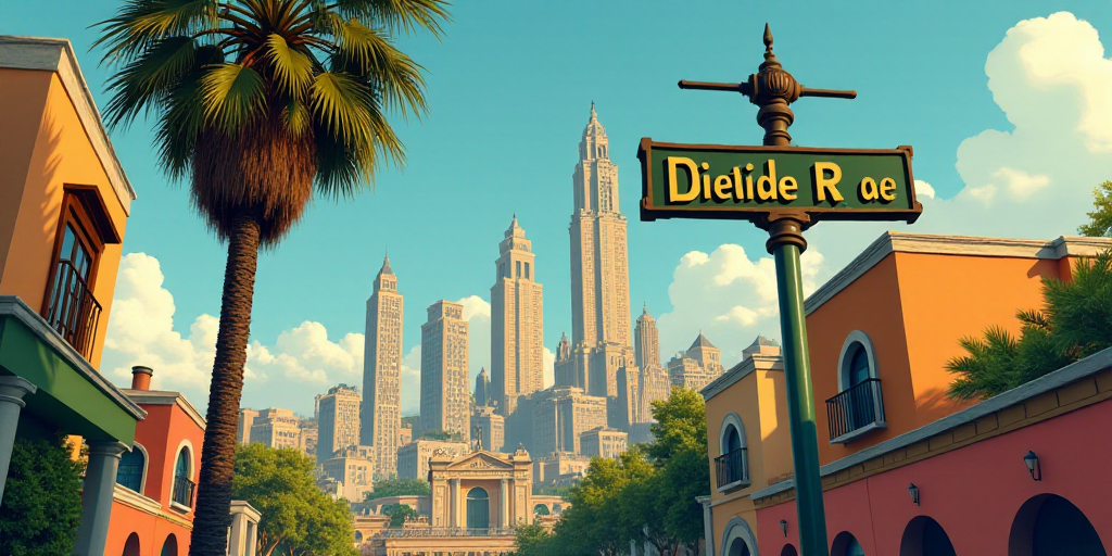 a city with tall buildings and a street sign in front of it with a palm tree in the foreground, Dieg