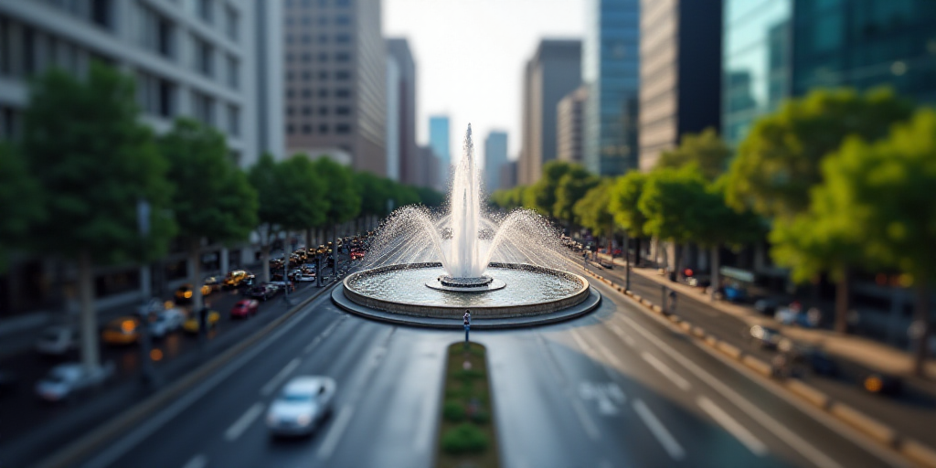 a city with tall buildings and a fountain in the middle of the street and a lot of traffic on the st