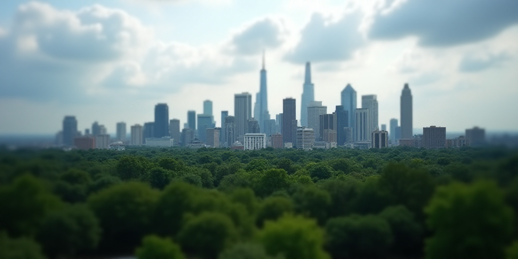 a city with tall buildings and a lot of trees in the foreground and a cloudy sky in the background,