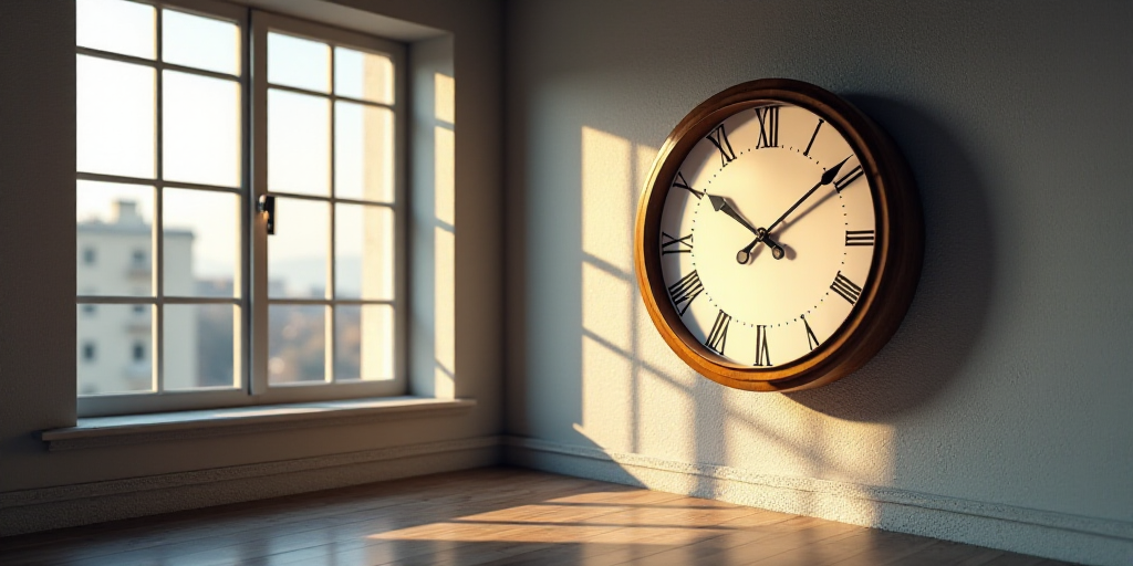 a clock that is on the side of a wall in a room with a window and a city view, Enguerrand Quarton, c