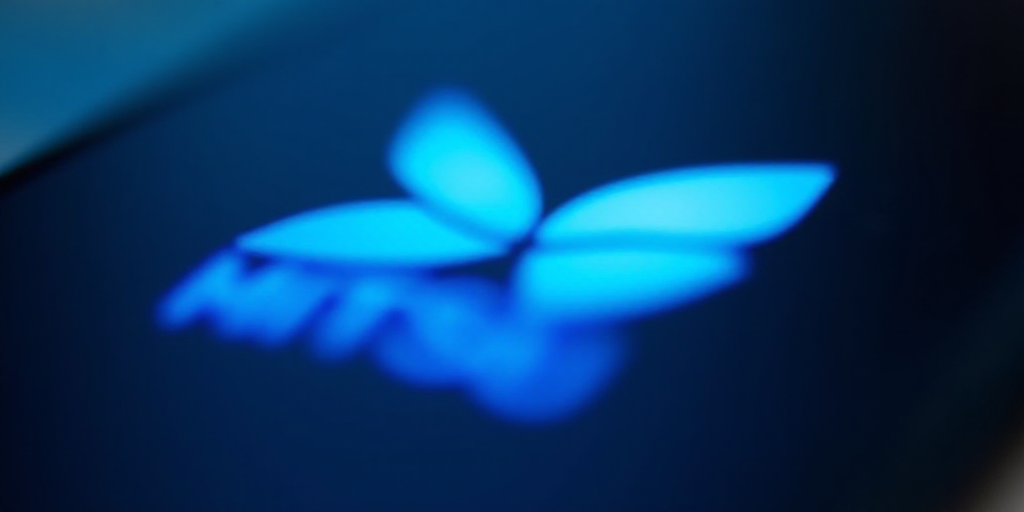 a close up of a blue and white logo on a cell phone with a blue light shining on it, Ai-Mitsu, affin