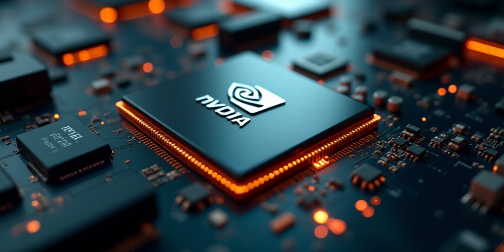 a close up of a cpu chip with the nvidia logo on it's side and a cpu chip in the background, Andries