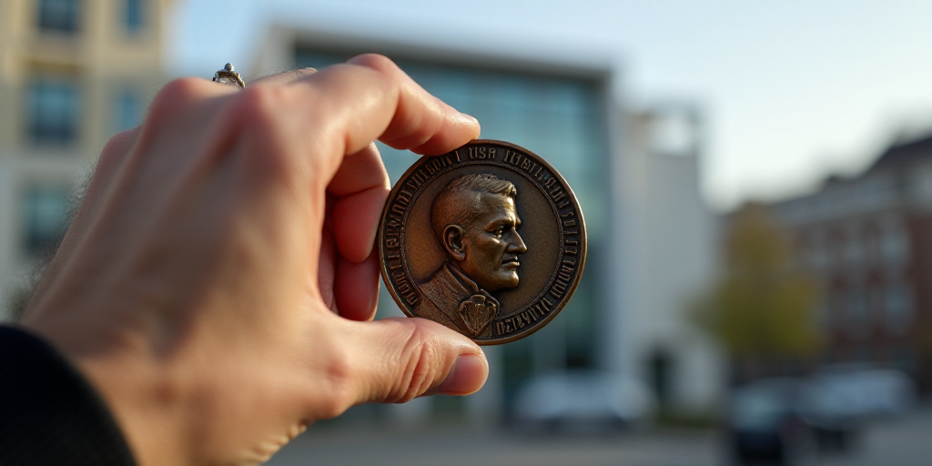 a close up of a medal with a person holding it up to the camera and a building in the background, Do